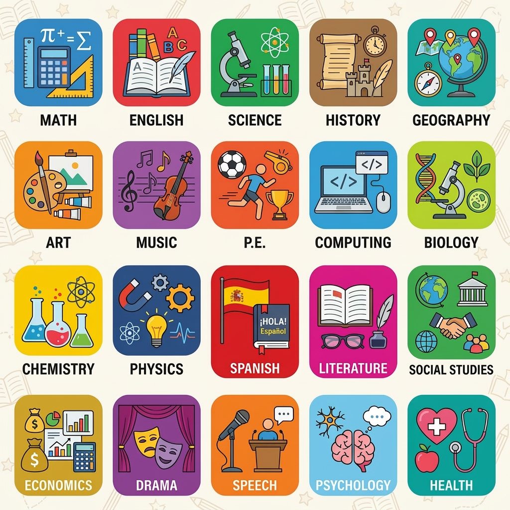 Icons representing school subjects including math, English, science, history, geography, art, music, P.E., computing, biology, chemistry, physics, Spanish, literature, social studies, economics, drama, speech, psychology, and health.