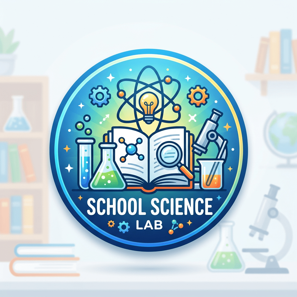 School science lab badge with open book, test tubes, microscope, atom, and lightbulb