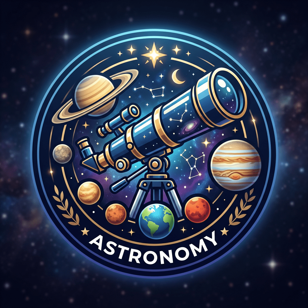 A detailed illustration of a telescope surrounded by planets, constellations, stars, and celestial objects with the word astronomy.