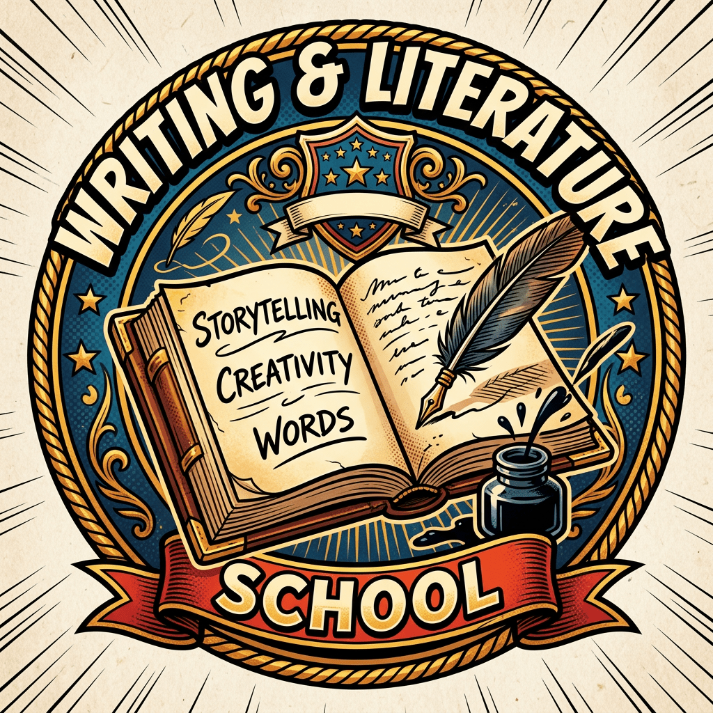 An open book with words storytelling, creativity, words, a quill, and an ink bottle inside a decorative circular badge.