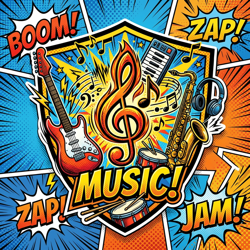 Electric guitar, saxophone, headphones, keyboard, drums, and fiery treble clef with comic sound effects